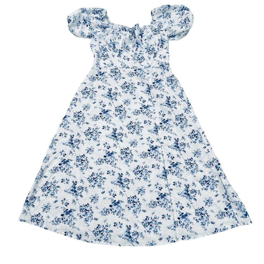 Girls Blue White Floral Midi Dress 11-12Y Puff Sleeve Cottagecore Prairie Summer